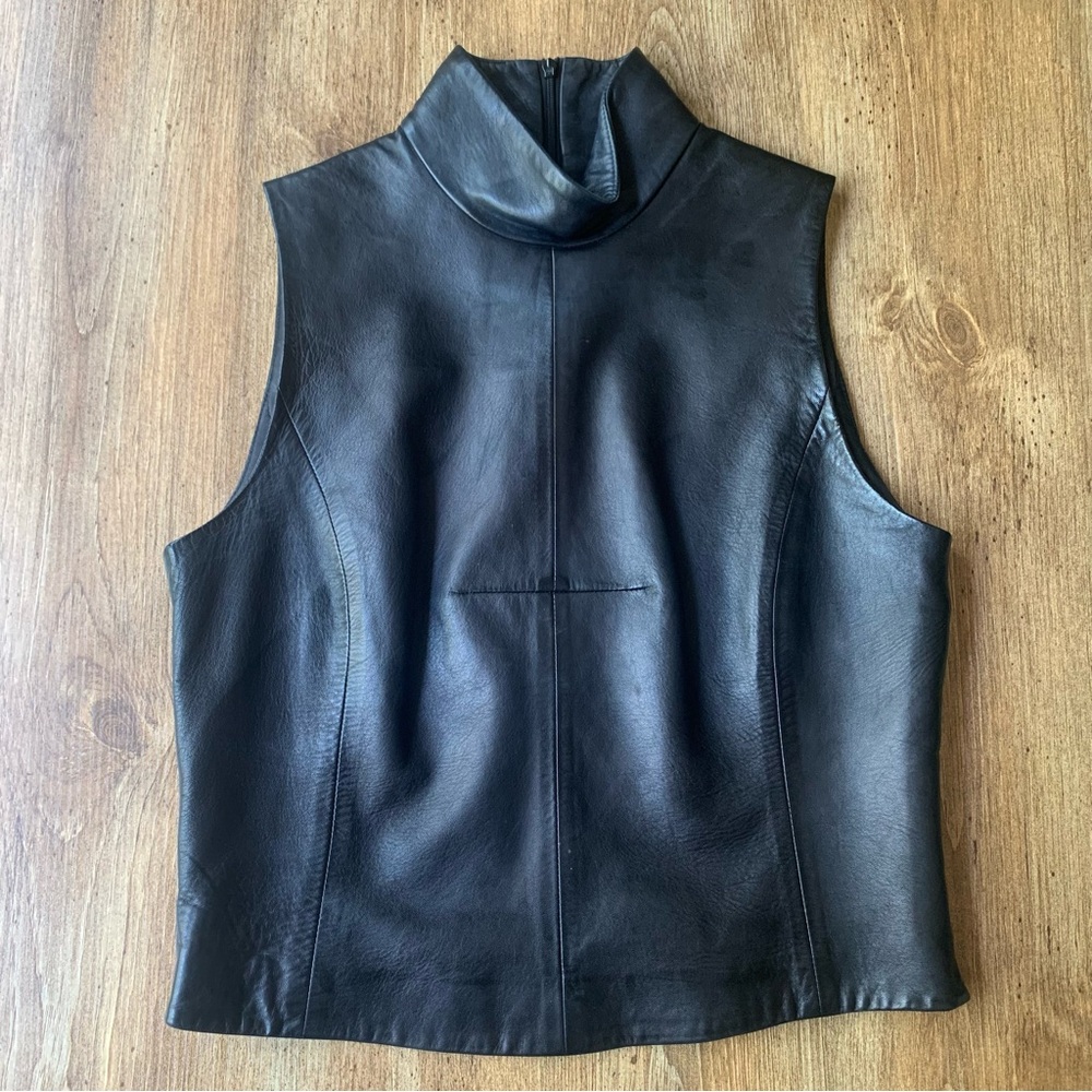 Lida Baday Sleeveless Black Leather Mock Neck Top